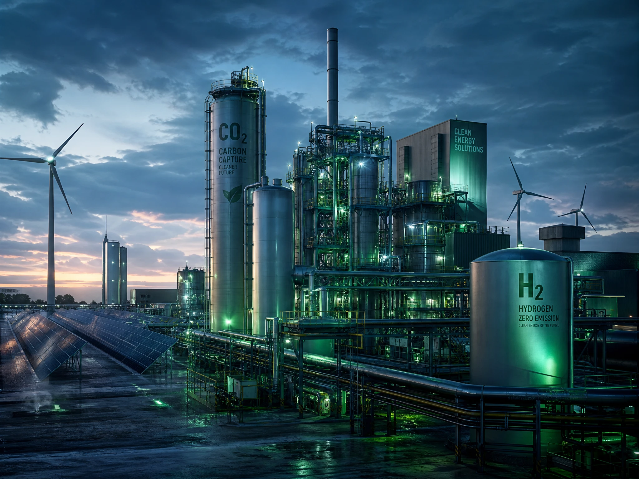 Modern industrial facility integrating clean energy and decarbonisation technology