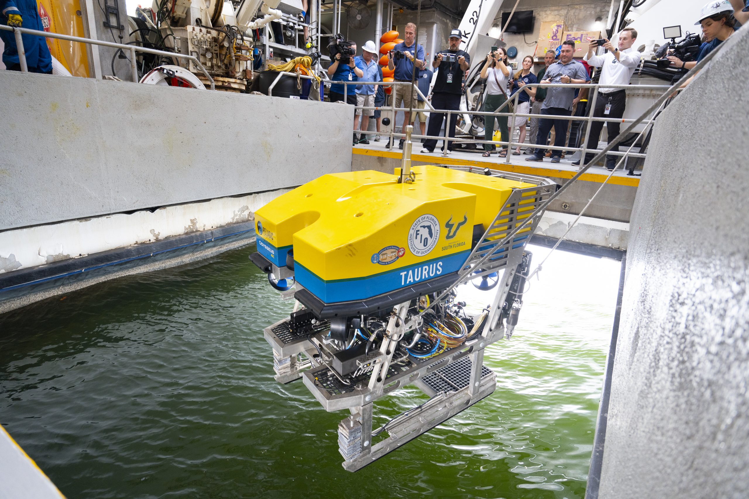 Subsea remotely operated vehicle being deployed for offshore engineering work