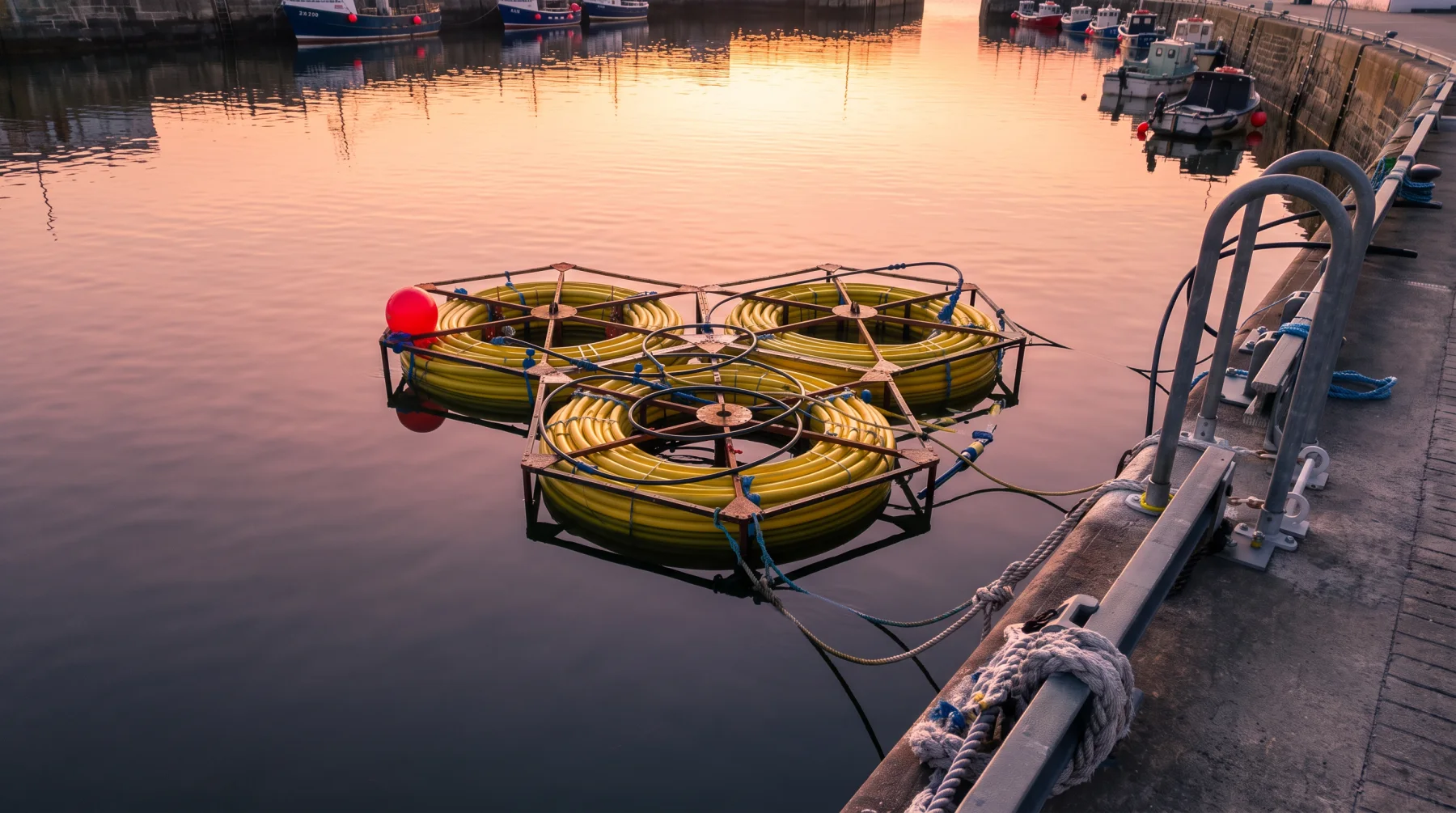 Floating subsea cable coils moored in a harbour at golden hour