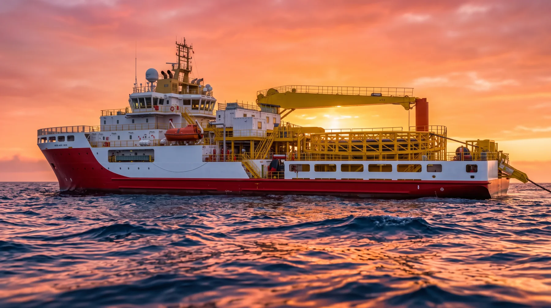 A cable-lay vessel at sea during sunset