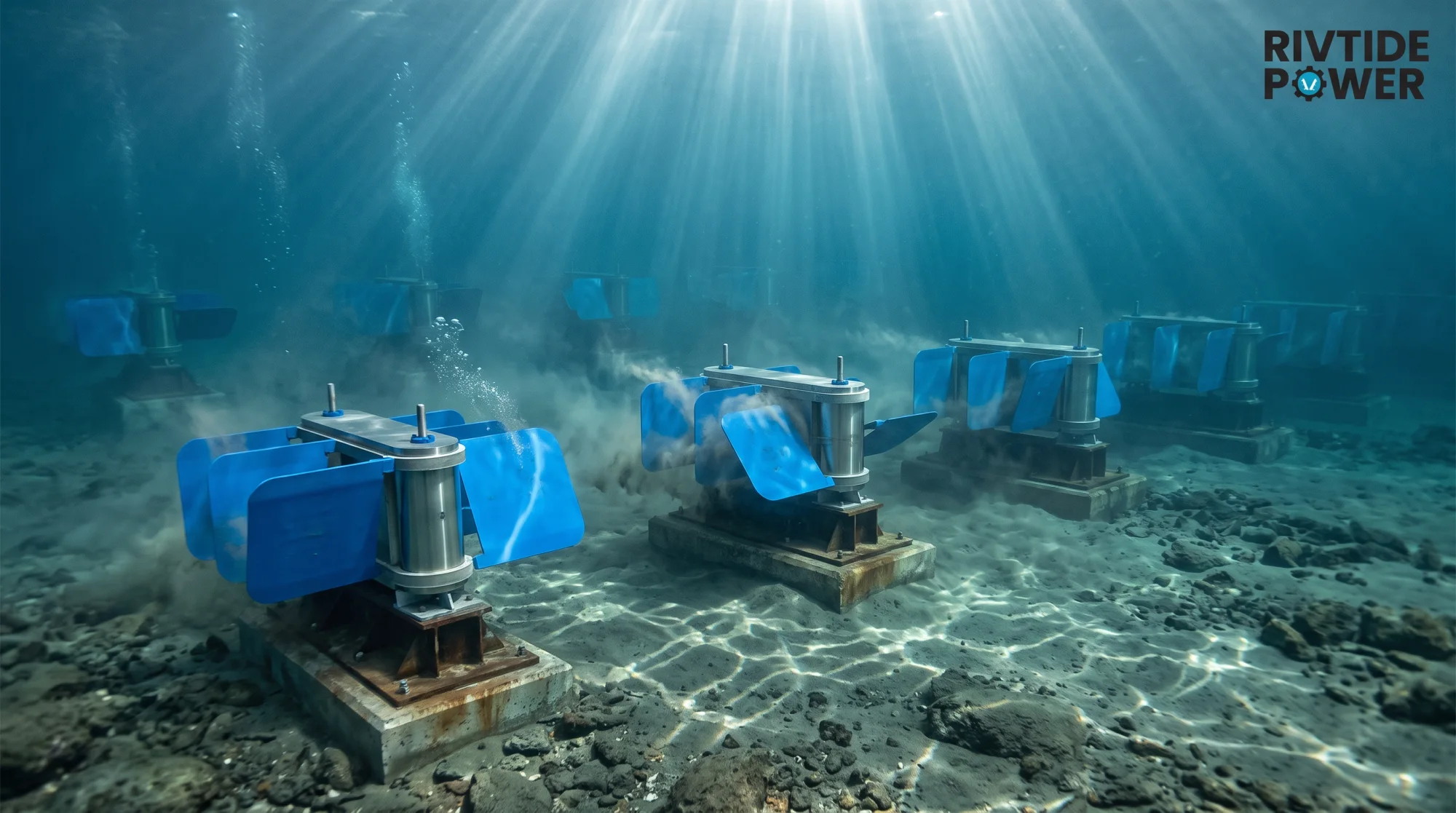 An array of RivTide Power subsea tidal energy devices on the seabed
