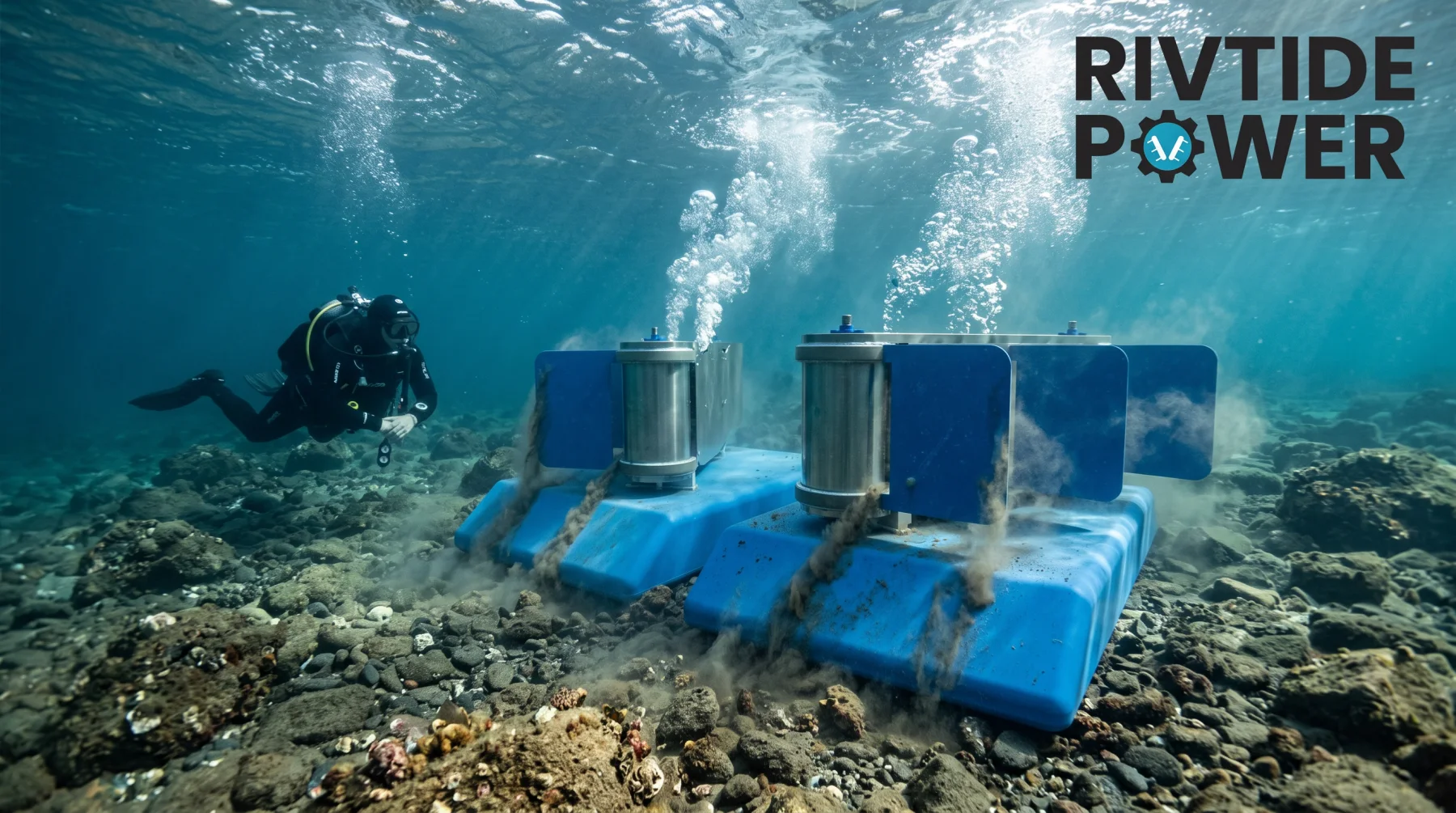 A diver inspecting RivTide Power subsea tidal energy technology underwater