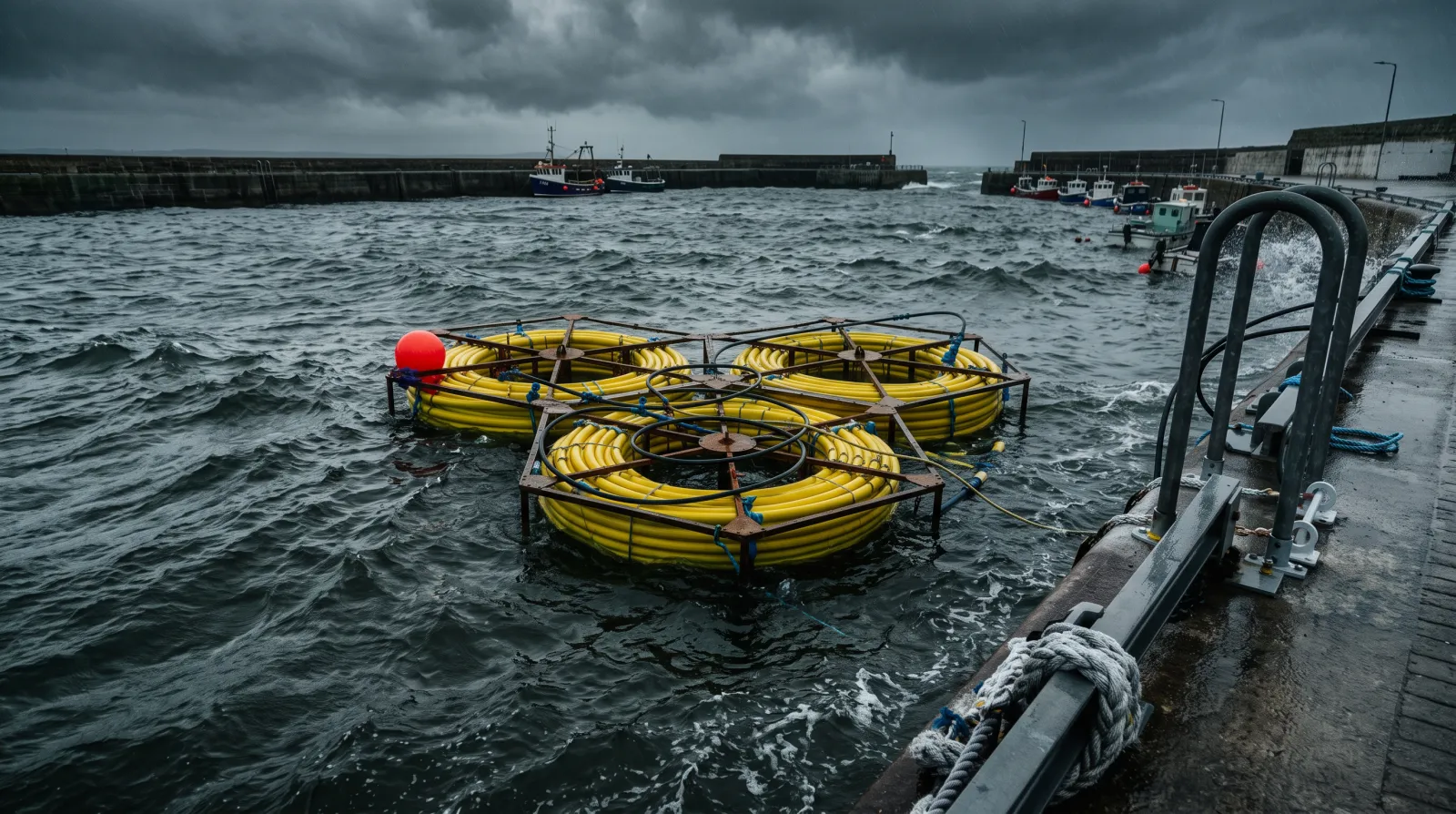 Floating subsea cable coils moored in a harbour under stormy skies
