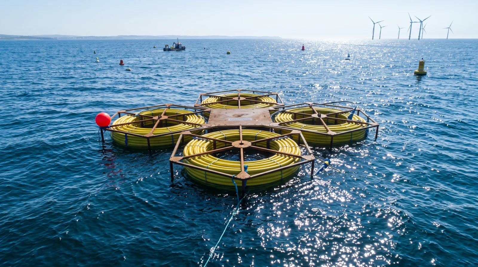 Floating subsea cable coils beside an offshore wind farm